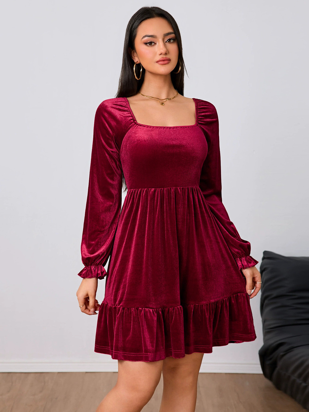 ZARA French Velvet Wine Red Midi Dress Spring Summer Luxury